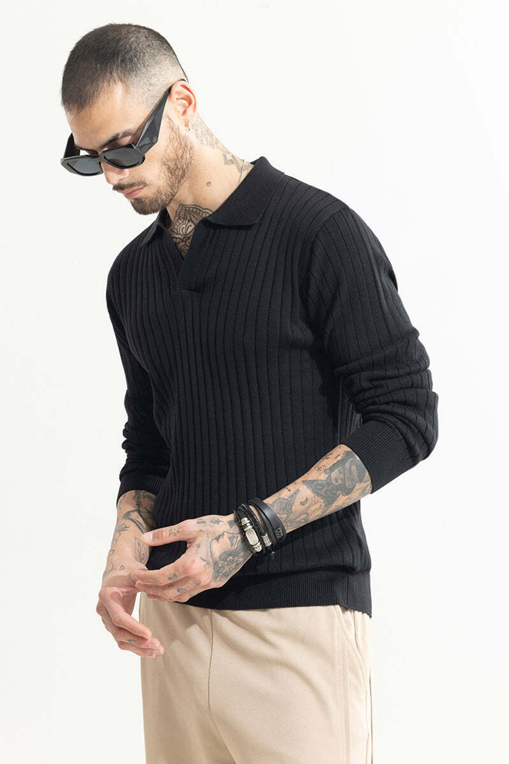 Image of Snitch Self Design Men Polo Neck Black T-Shirt