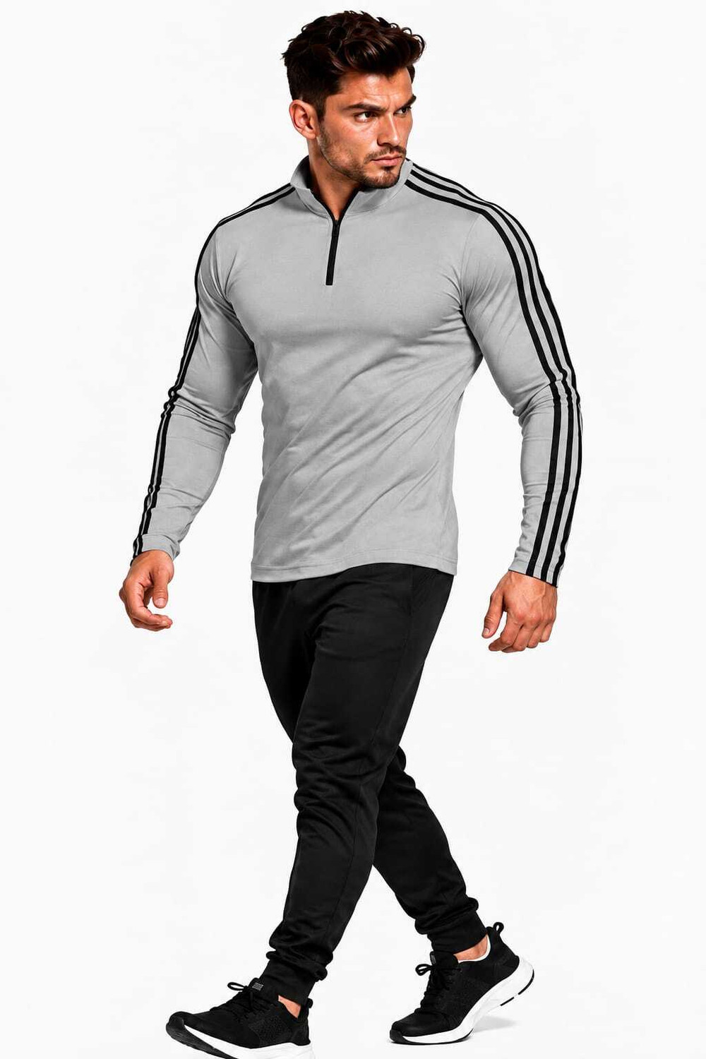 Image of Jeeva Creation Striped Men Zip Neck Grey T-Shirt