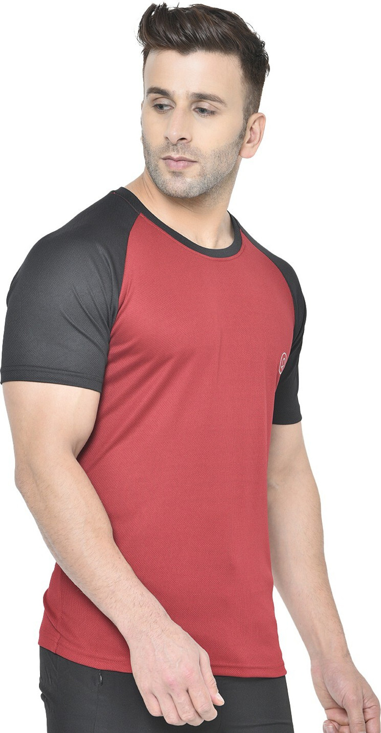 Image of CHKOKKO Colorblock Men Round Neck Maroon, Black T-Shirt