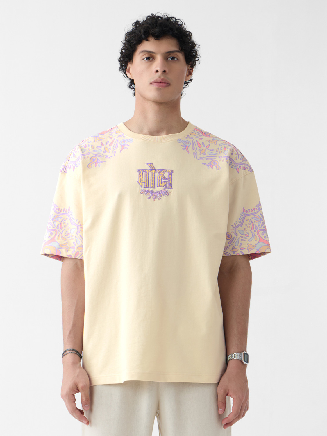 Image of The Souled Store Embroidered Men Round Neck Yellow T-Shirt