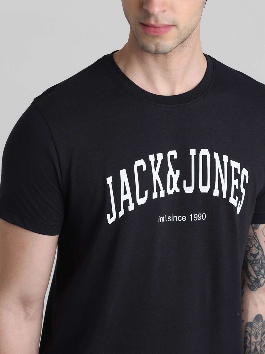 Image of JACK & JONES Typography Men Round Neck Black T-Shirt