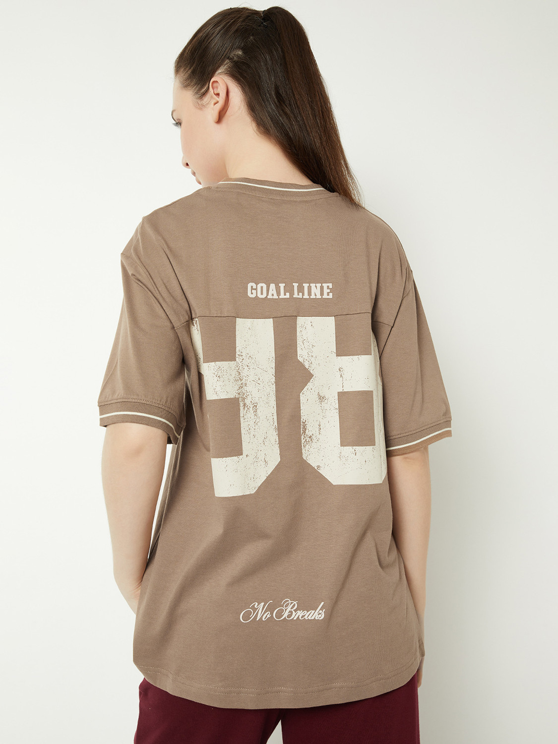 Image of MAX Printed Women Round Neck Brown T-Shirt