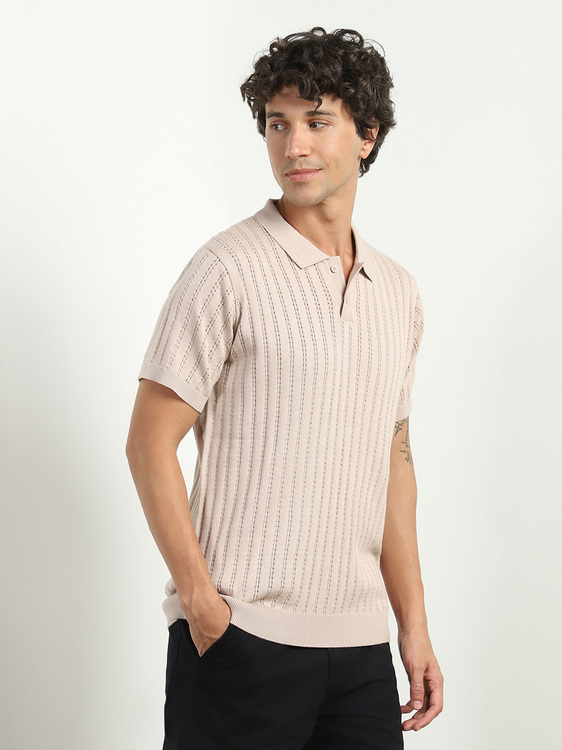 Image of NOBERO Self Design Men Polo Neck Beige T-Shirt