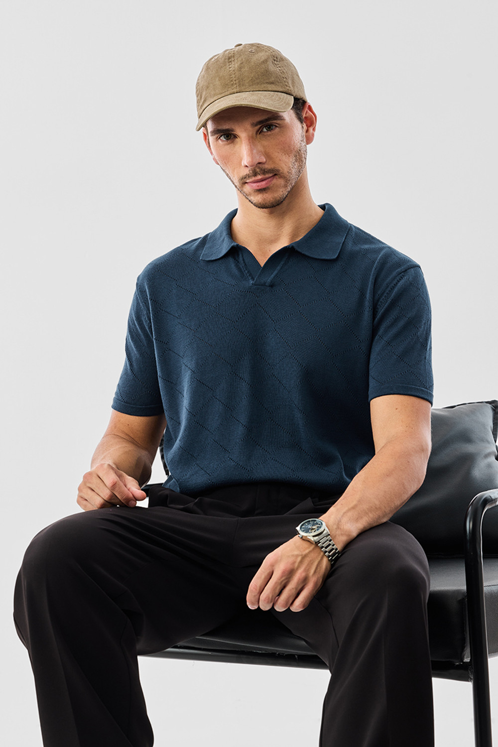 Image of Snitch Self Design Men Polo Neck Navy Blue T-Shirt