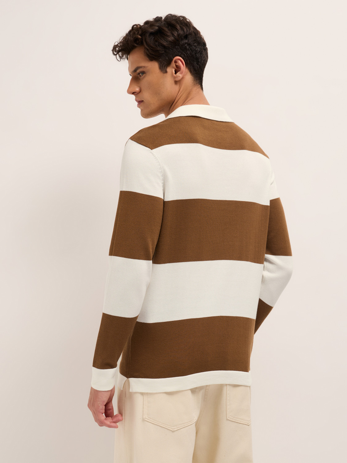 Image of THE BEAR HOUSE Striped Men Polo Neck Brown T-Shirt