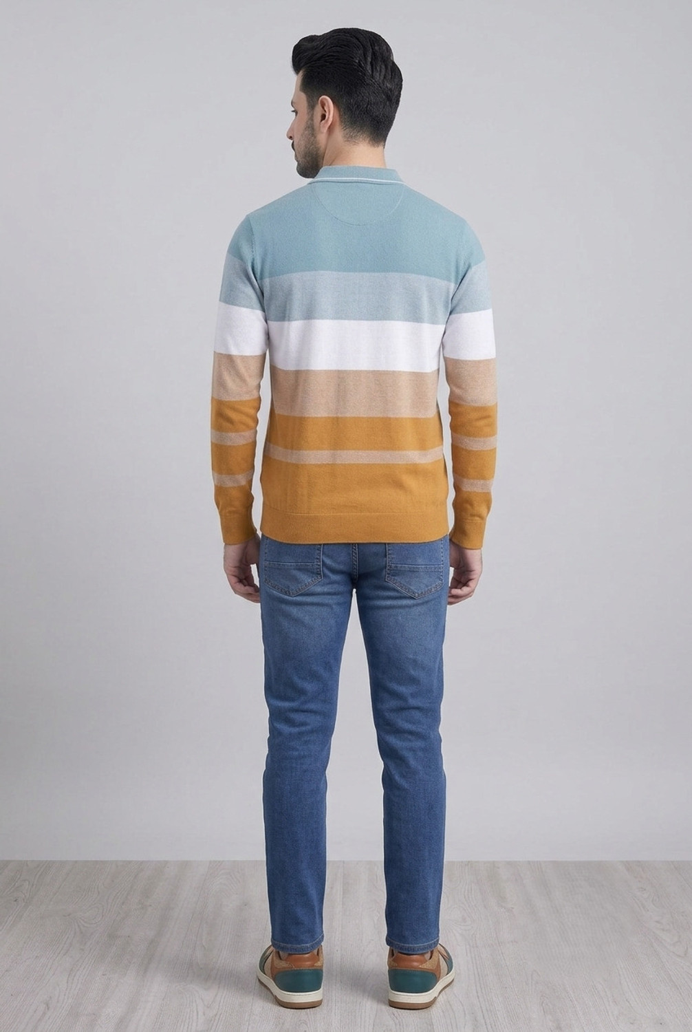 Image of PRORIDERS Men Striped Polo Neck Cotton Blend Green T-Shirt
