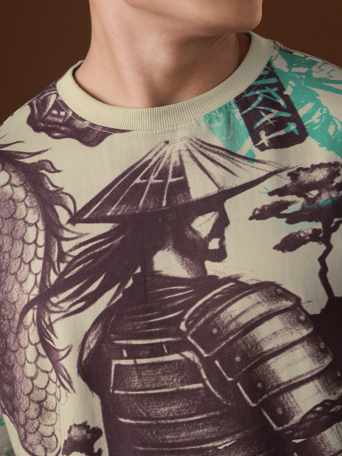 Image of The Souled Store Graphic Print Men Round Neck Beige T-Shirt