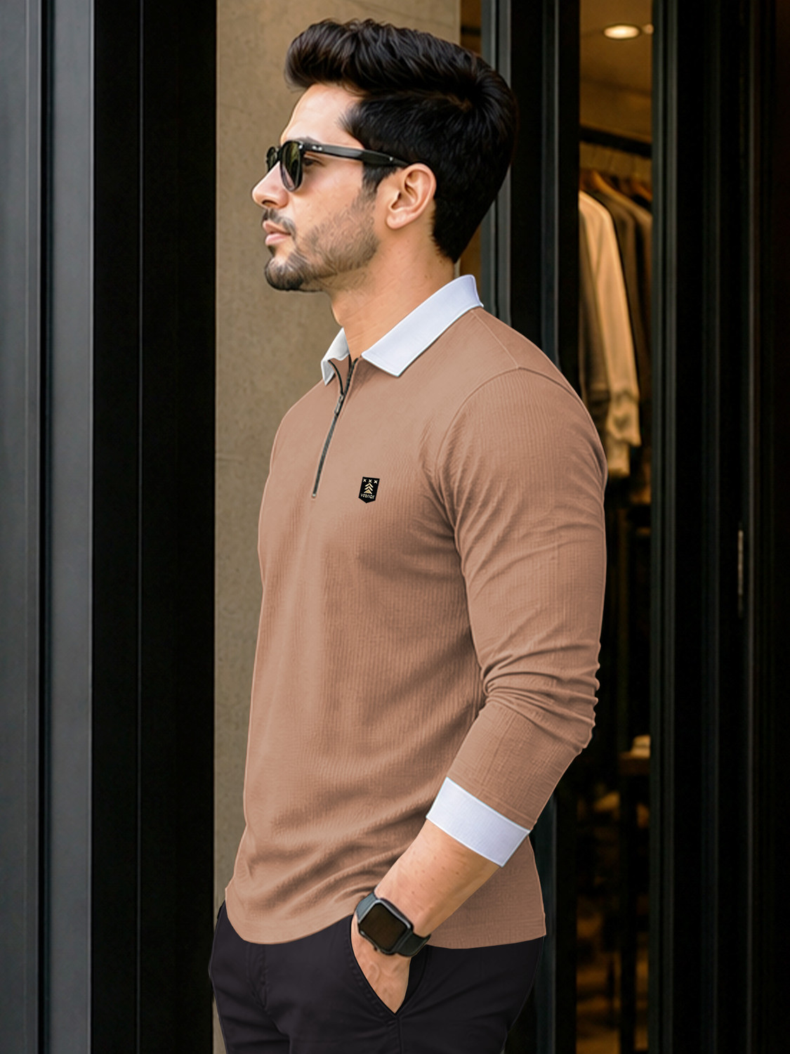Image of VeBNoR Colorblock Men Zip Neck Brown T-Shirt