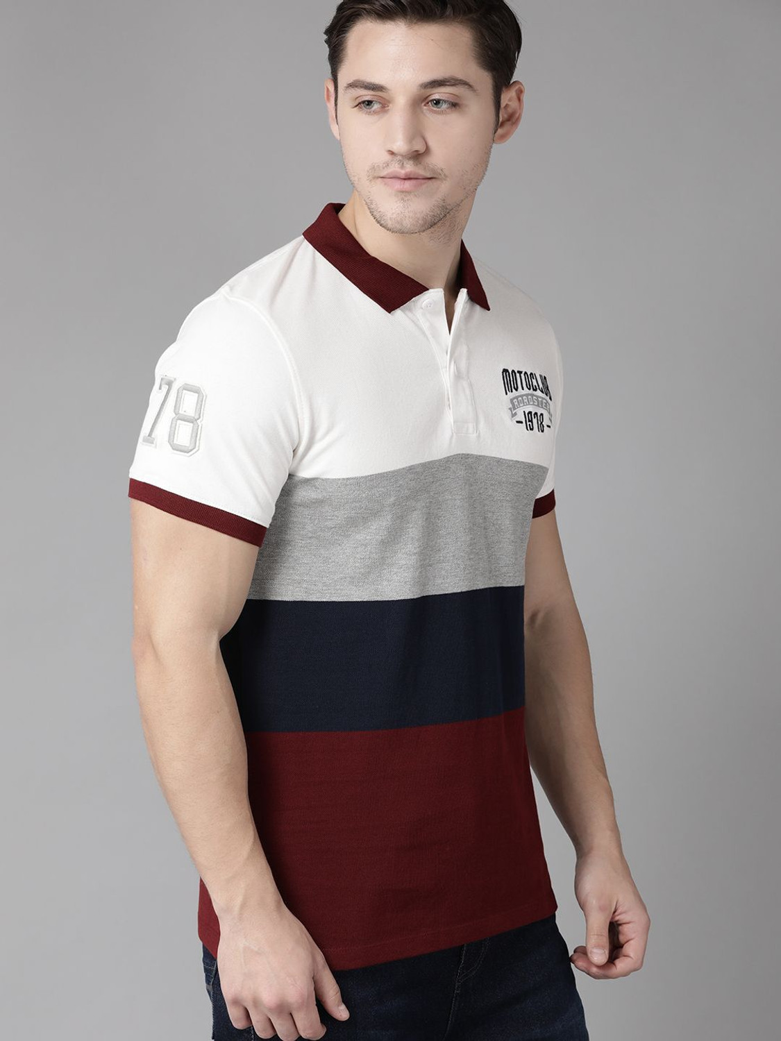 Image of Roadster Colorblock Men Polo Neck White T-Shirt