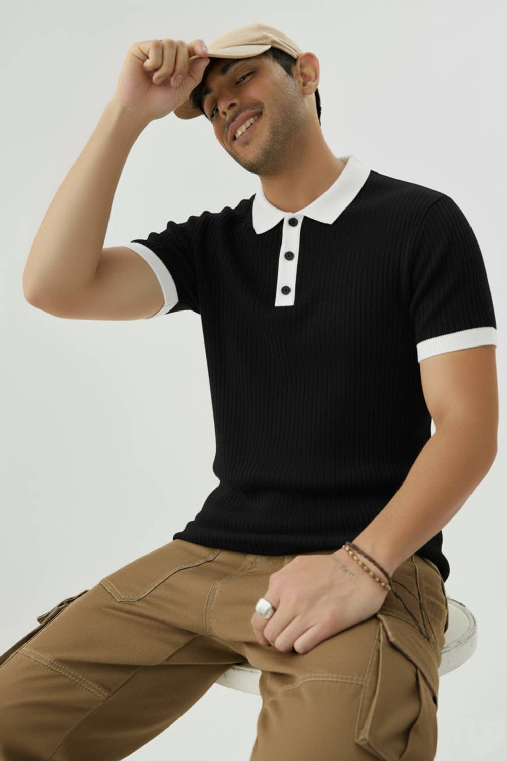 Try This Men Colorblock Polo Neck Cotton Blend Black T-Shirt