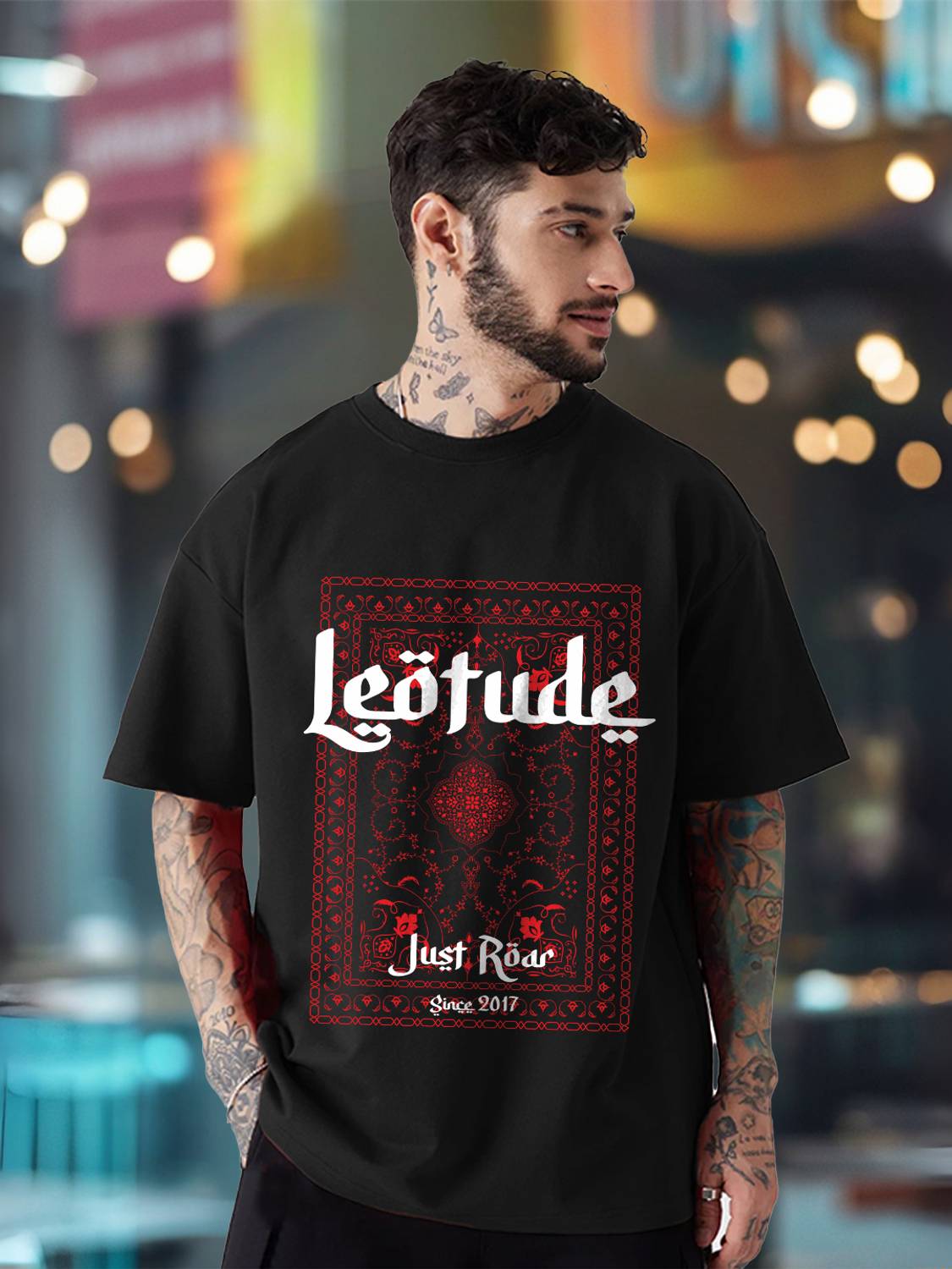 Leotude Men Printed Round Neck Cotton Blend Black T-Shirt