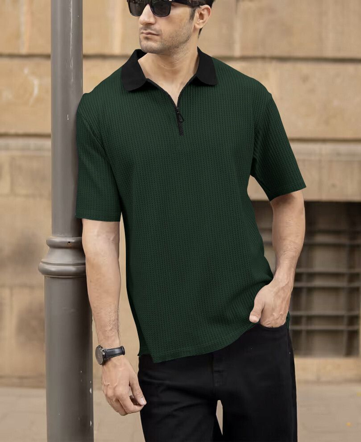 Image of Starvy Self Design Men Polo Neck Green T-Shirt