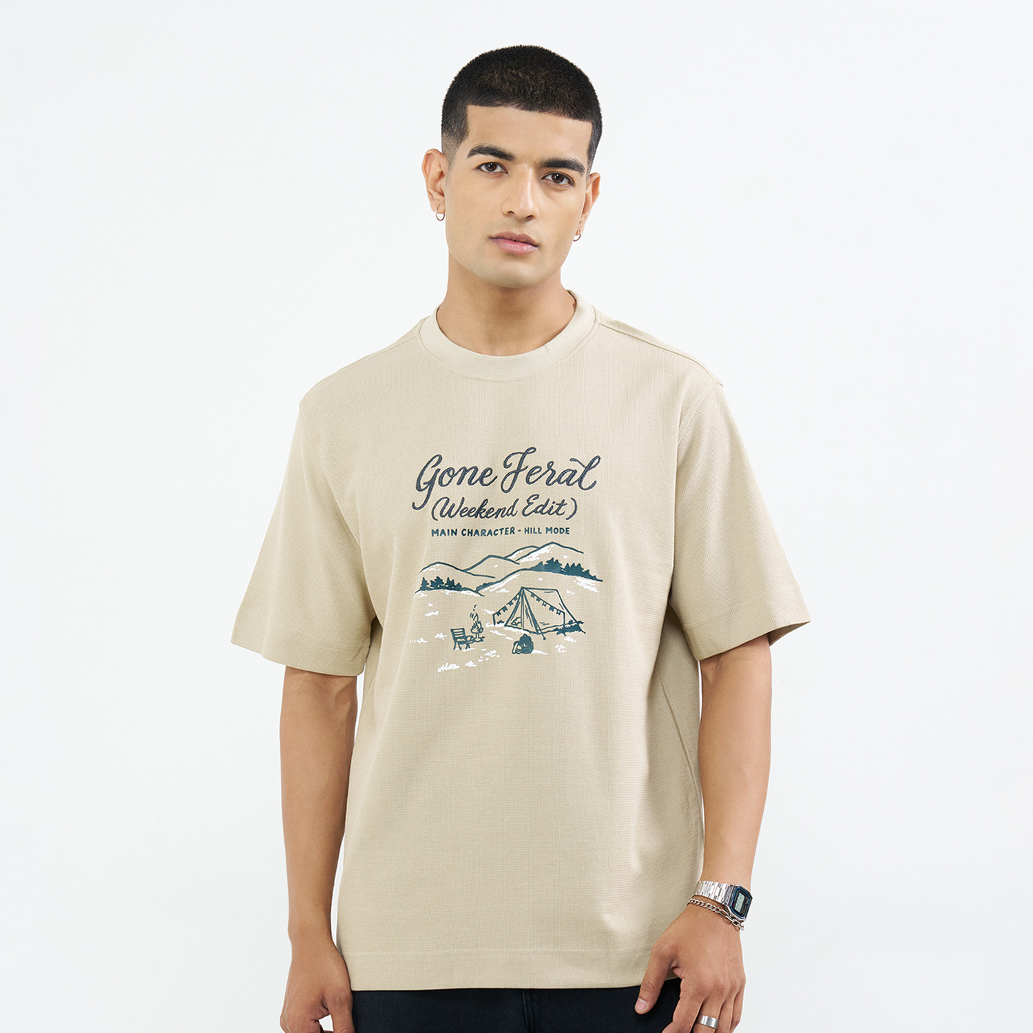 Image of SF Jeans by Pantaloons Men Embroidered Round Neck Pure Cotton Beige T-Shirt