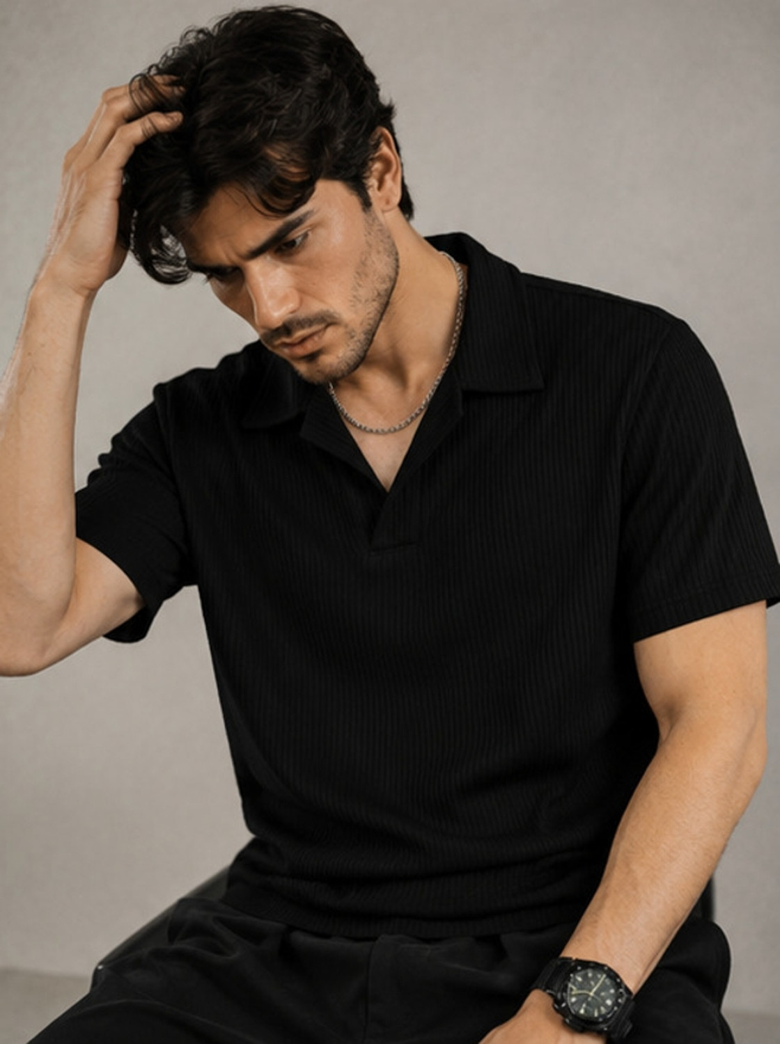 Image of NOOK Self Design Men Polo Neck Black T-Shirt