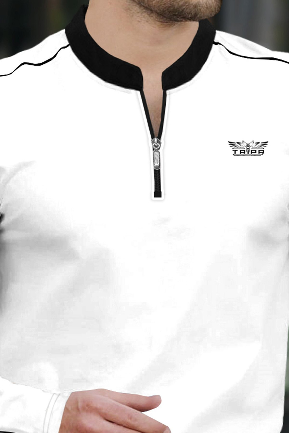 Image of TRIPR Solid Men Mandarin Collar White, Black T-Shirt