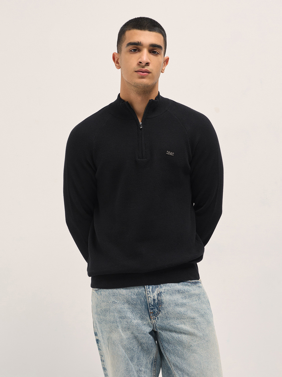Image of THE BEAR HOUSE Solid Men High Neck Black T-Shirt