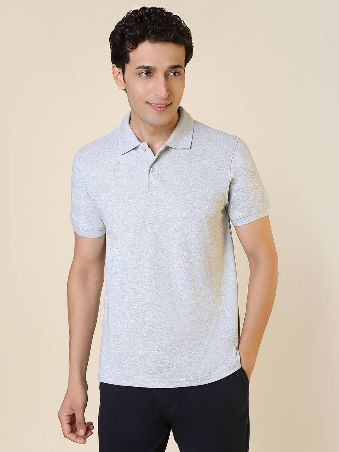 SLEEPZ BY RAYMOND Men Solid Polo Neck Pure Cotton Grey T-Shirt