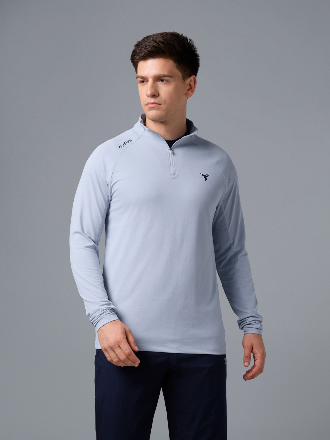 Image of TECHNOSPORT Printed Men Zip Neck Blue T-Shirt