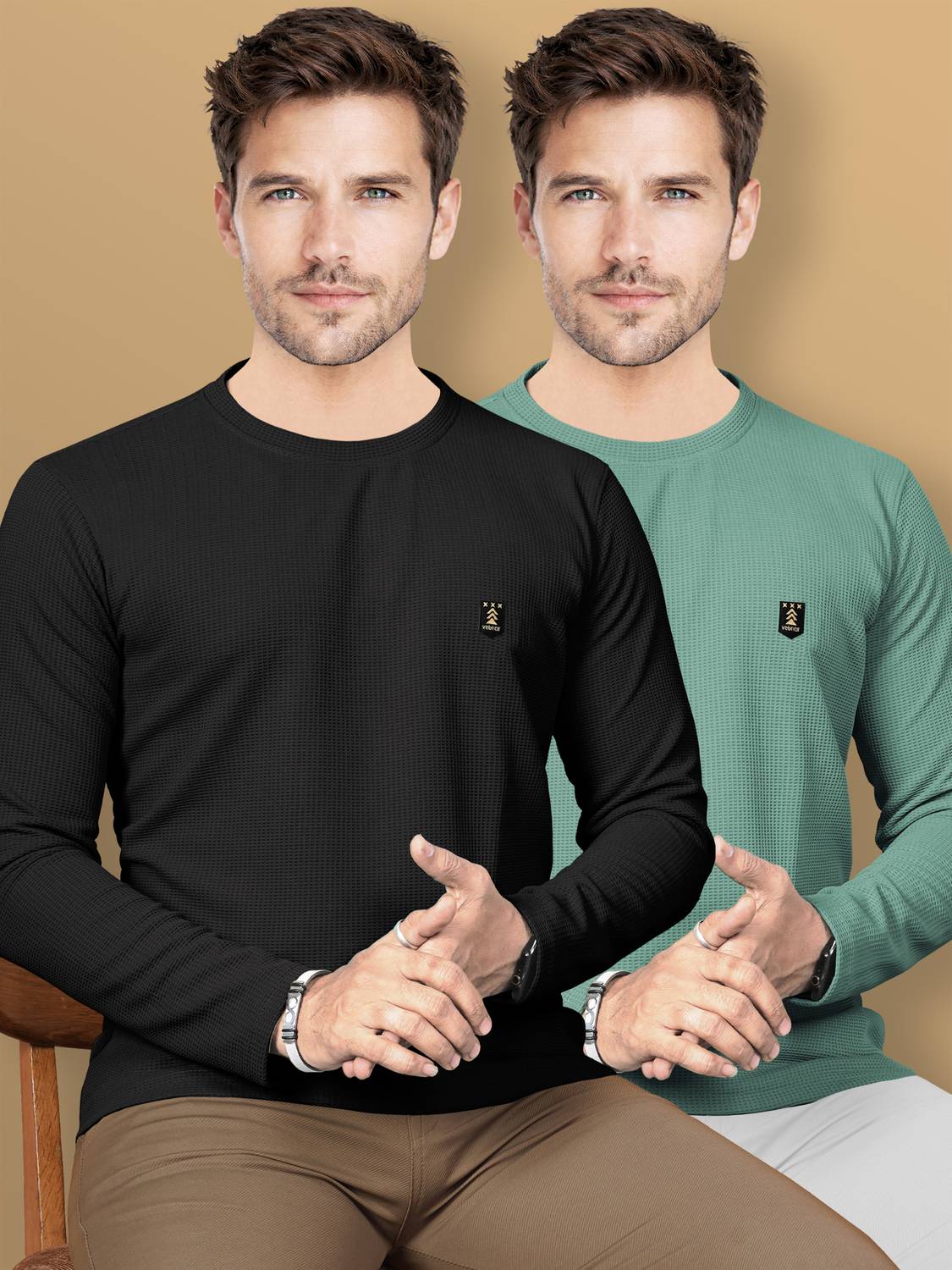 VeBNoR Pack of 2 Men Self Design Round Neck Polyester Black, Ligh