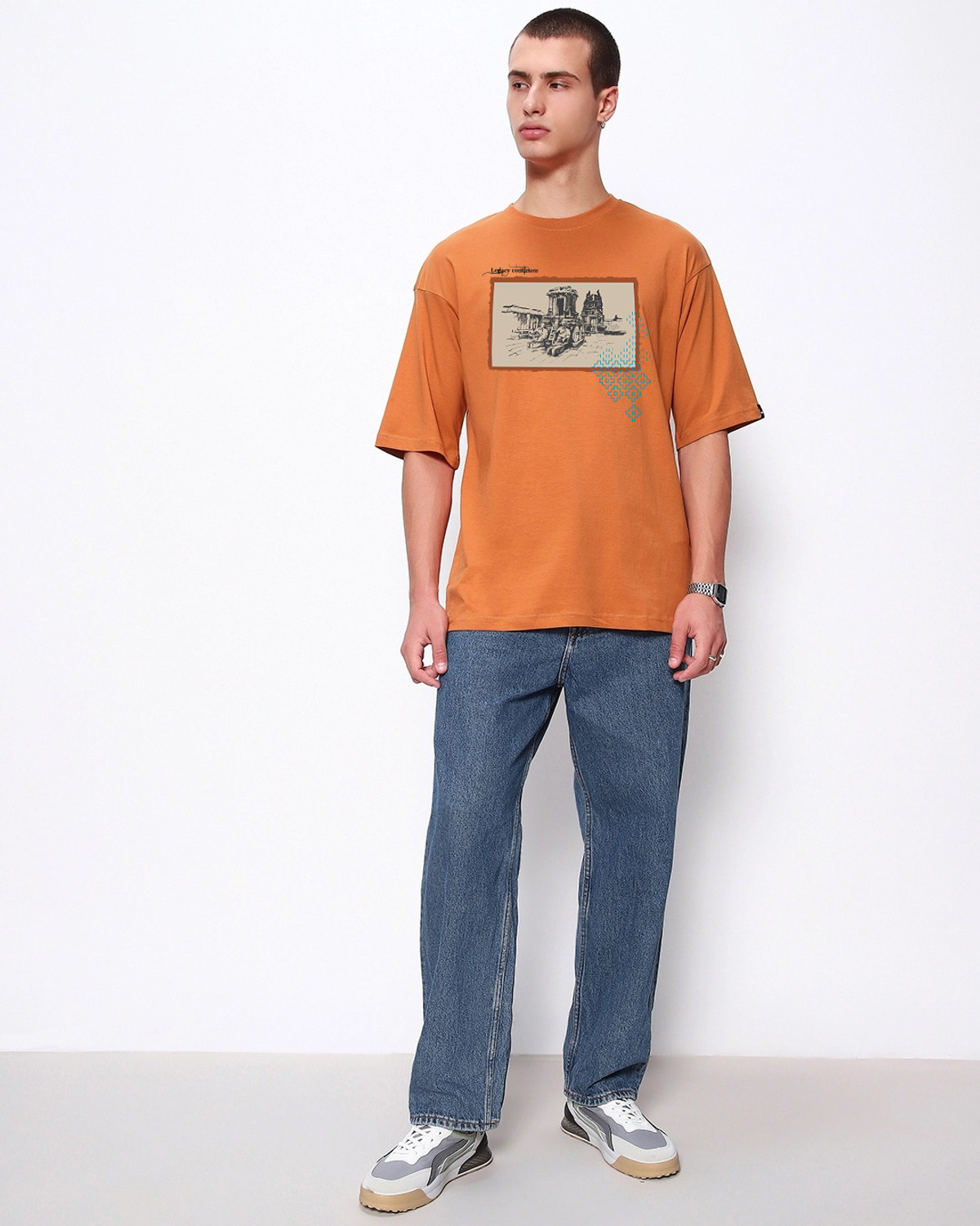 Image of BEWAKOOF Graphic Print Men Round Neck Orange T-Shirt