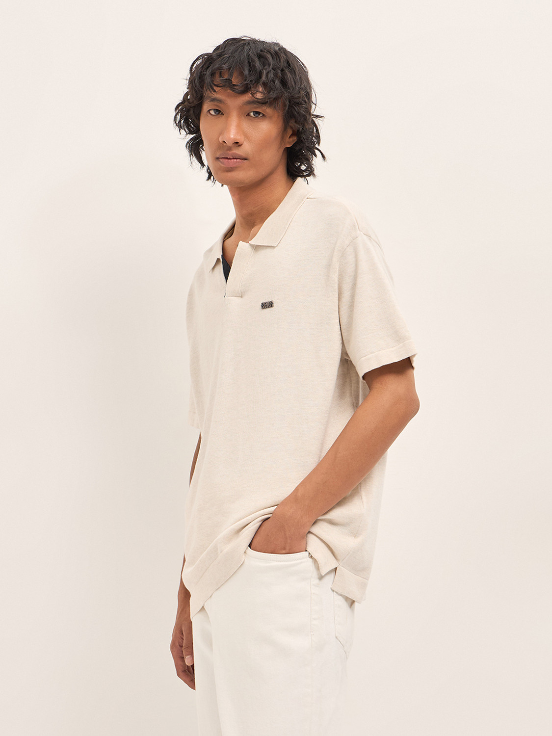 Image of THE BEAR HOUSE Solid Men Polo Neck Beige T-Shirt
