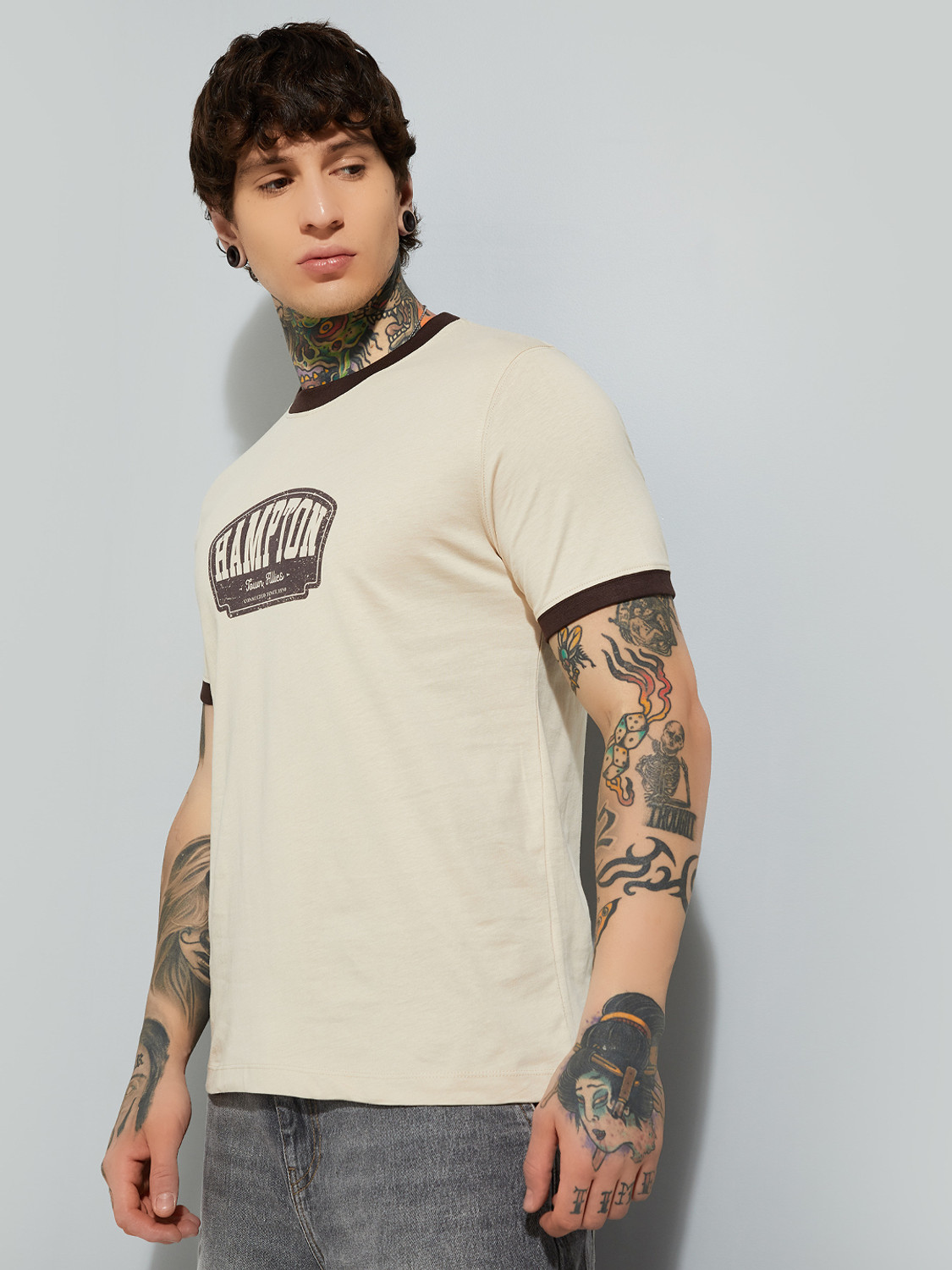 Image of MAX Printed Men Round Neck Beige T-Shirt