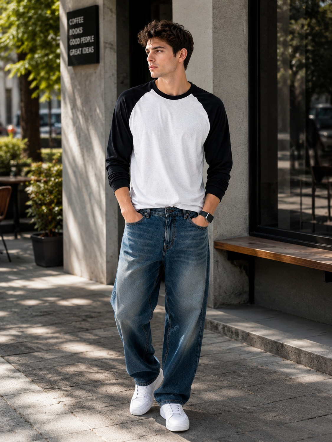 Image of Else & What Men Colorblock Round Neck Cotton Blend White, Black T-Shirt
