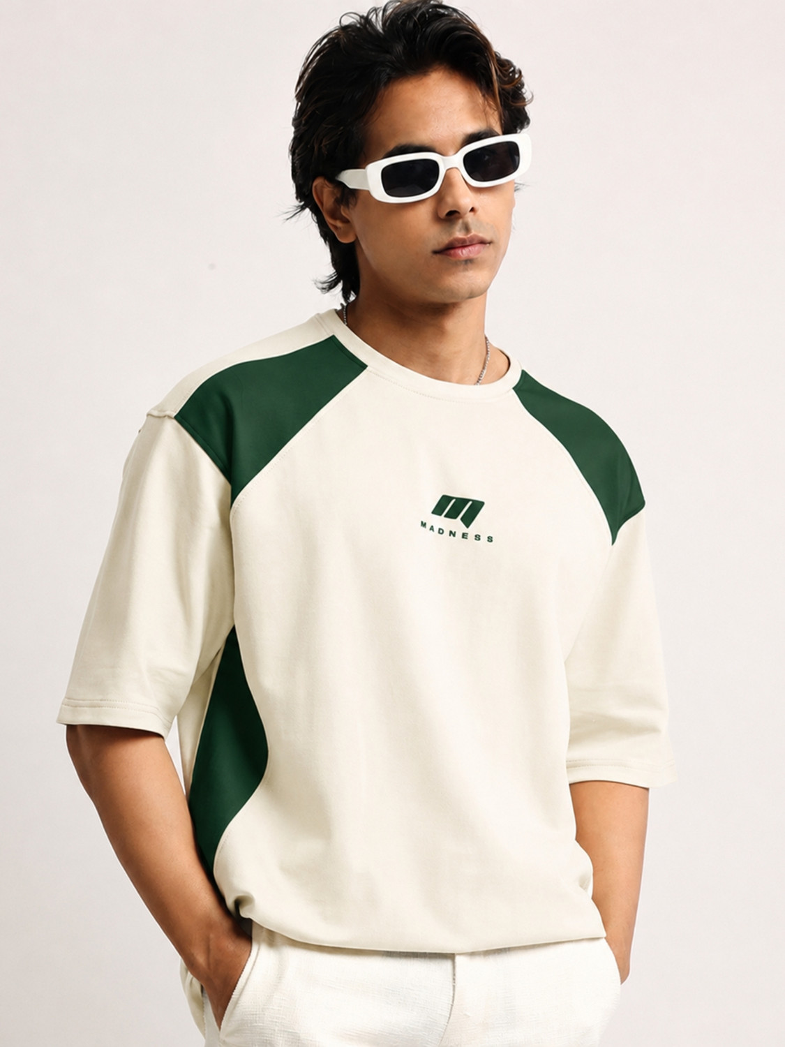 Image of MANIAC Colorblock Men Round Neck White T-Shirt