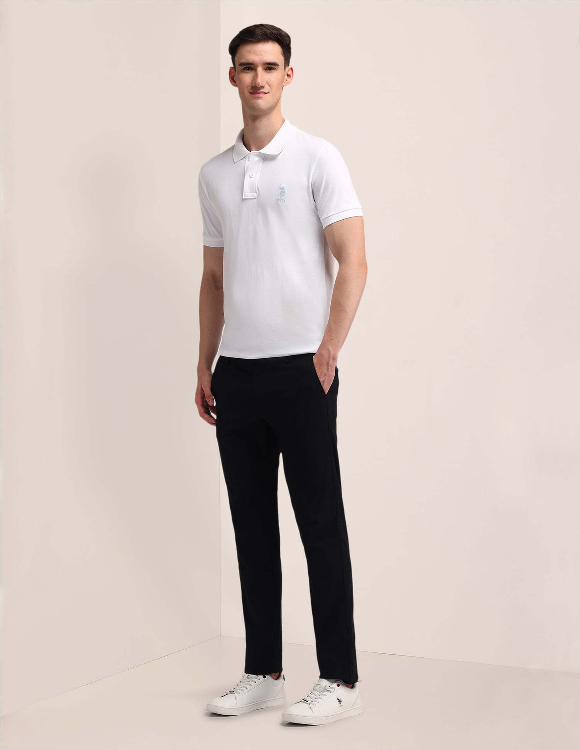 Image of U.S. POLO ASSN. Men Solid Polo Neck Pure Cotton White T-Shirt