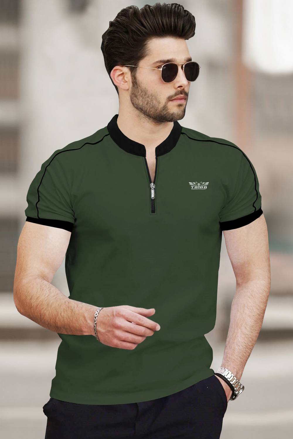 TRIPR Men Typography Mandarin Collar Cotton Blend Dark Green, Bla