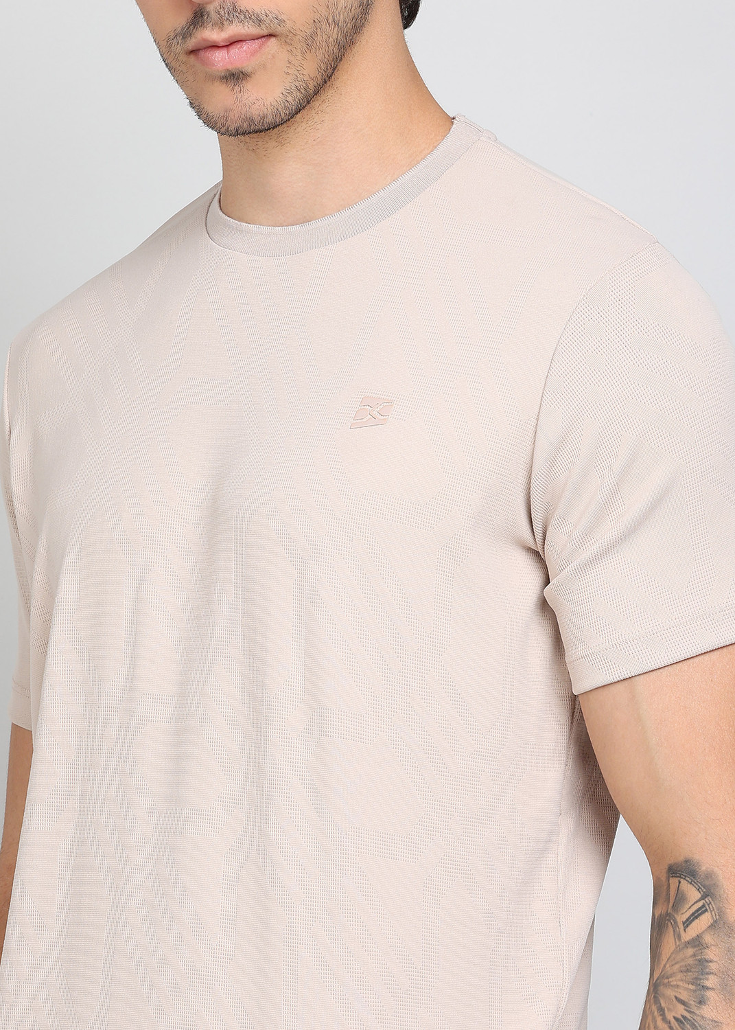Image of KILLER Men Self Design Round Neck Polyester Beige T-Shirt