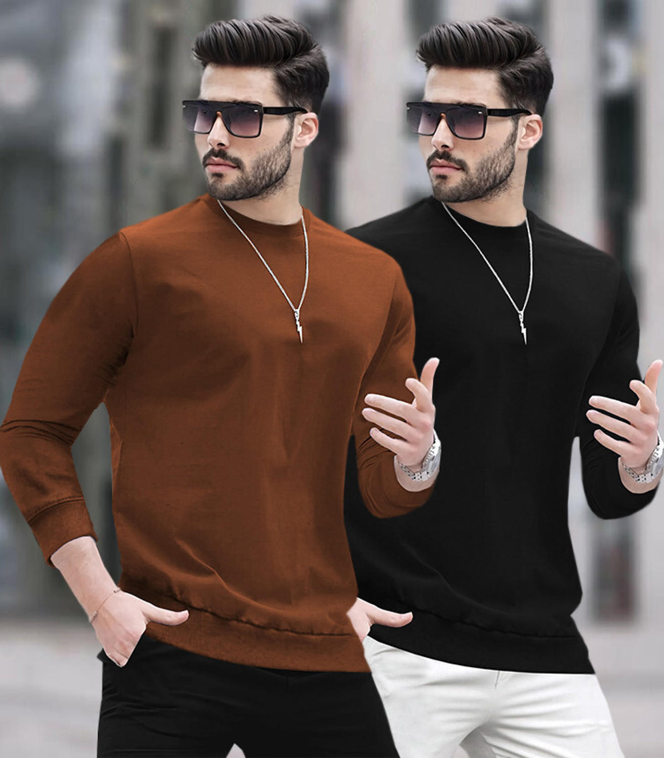 Image of BLIVE Solid Men Round Neck Brown, Black T-Shirt