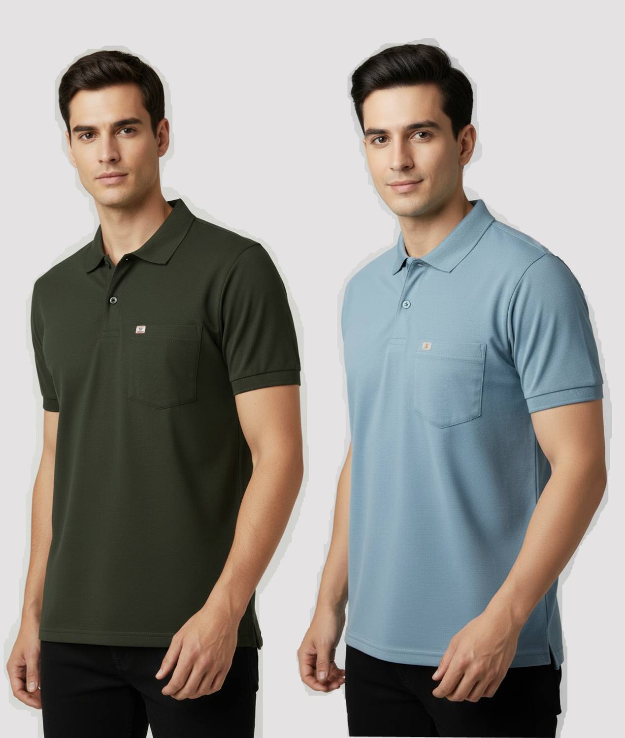 BADOS Solid Men Polo Neck Dark Green, Light Blue T-Shirt