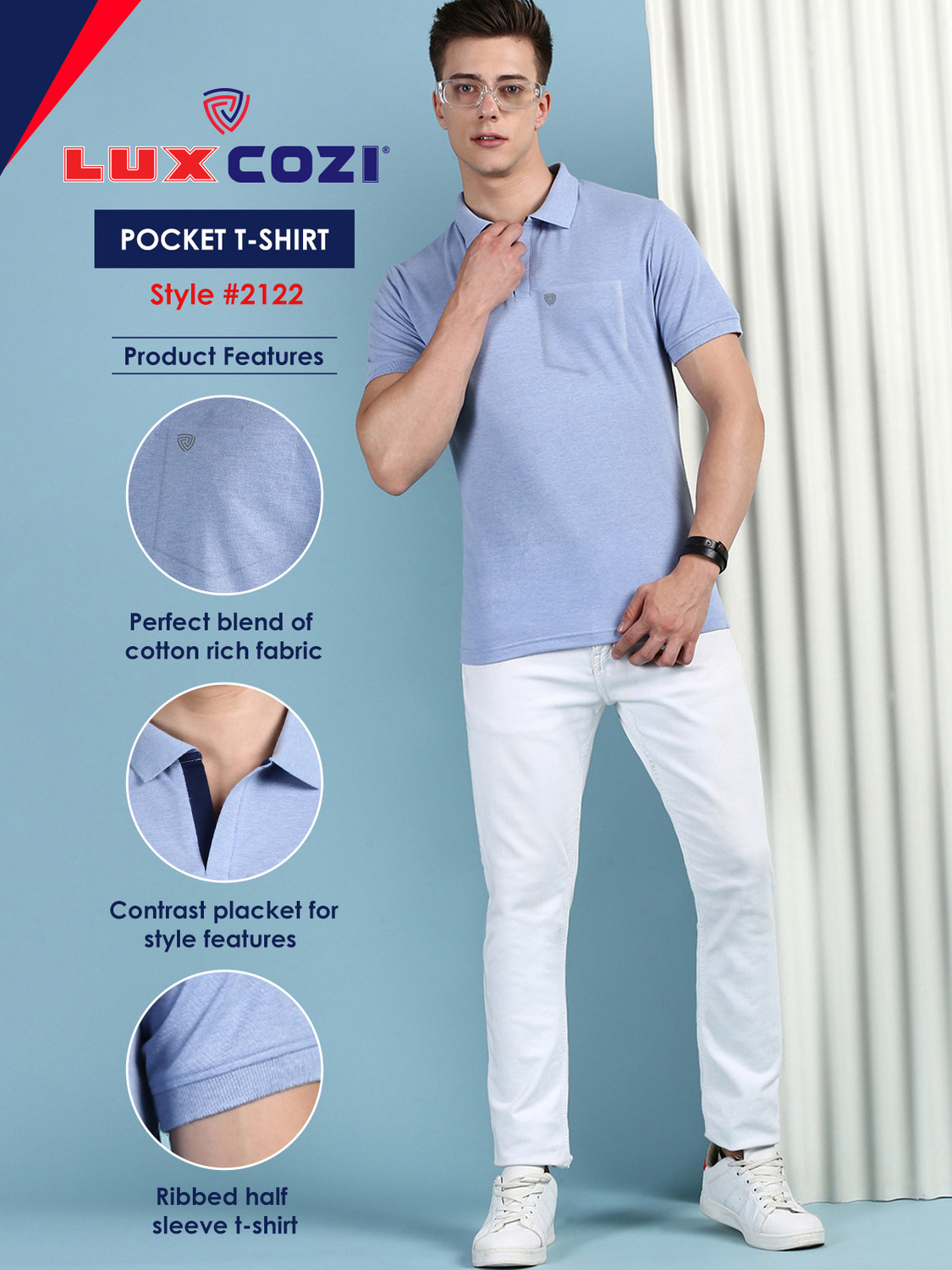 Image of LUX cozi Solid Men Polo Neck Blue T-Shirt