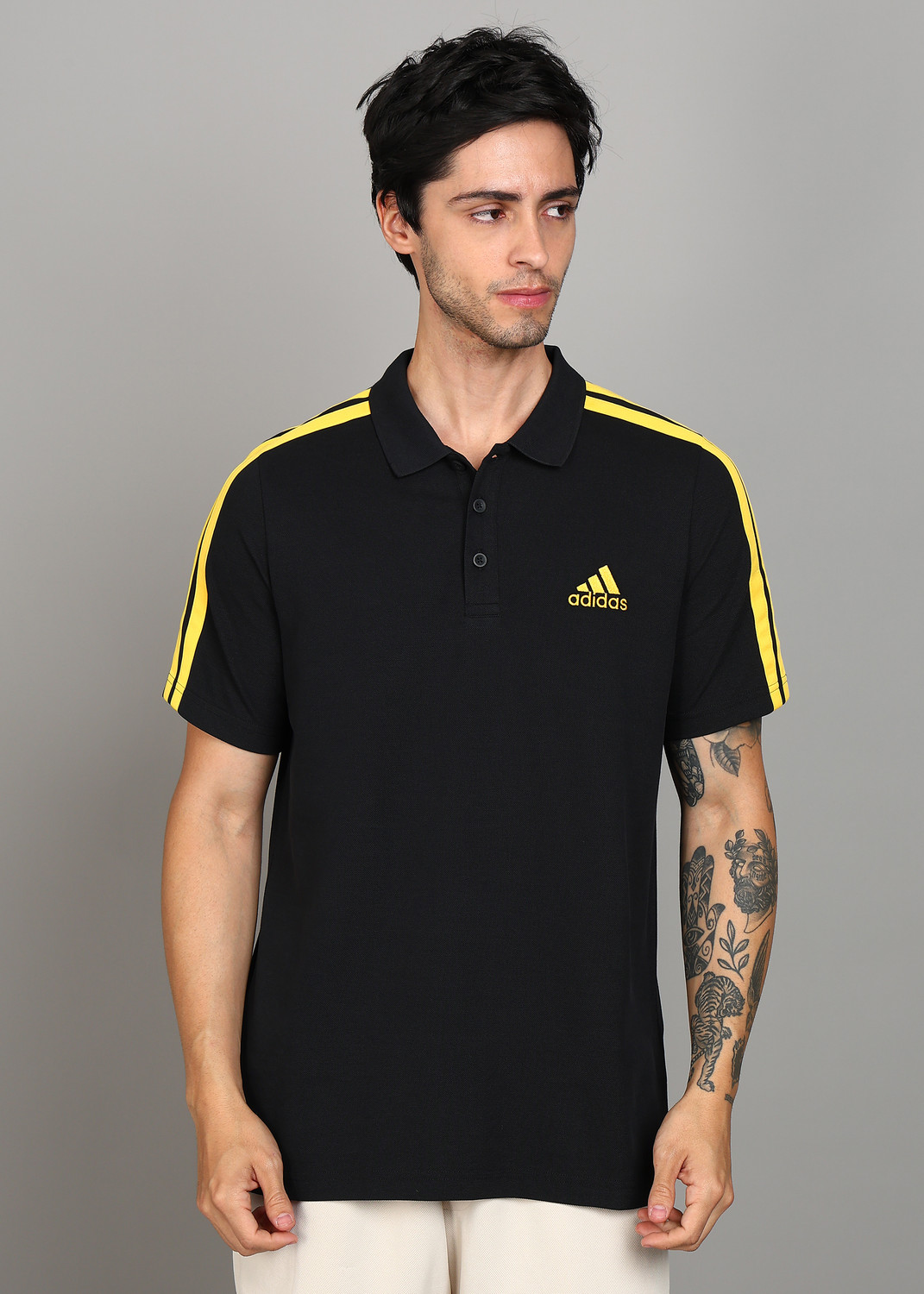 Image of ADIDAS Solid Men Polo Neck Black T-Shirt