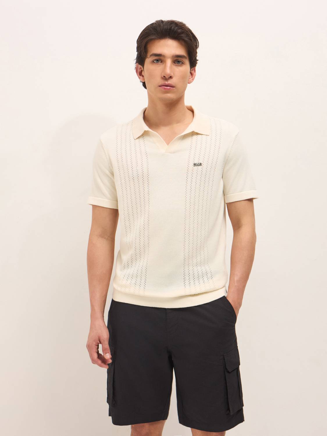 THE BEAR HOUSE Men Self Design Polo Neck Pure Cotton White T-Shir