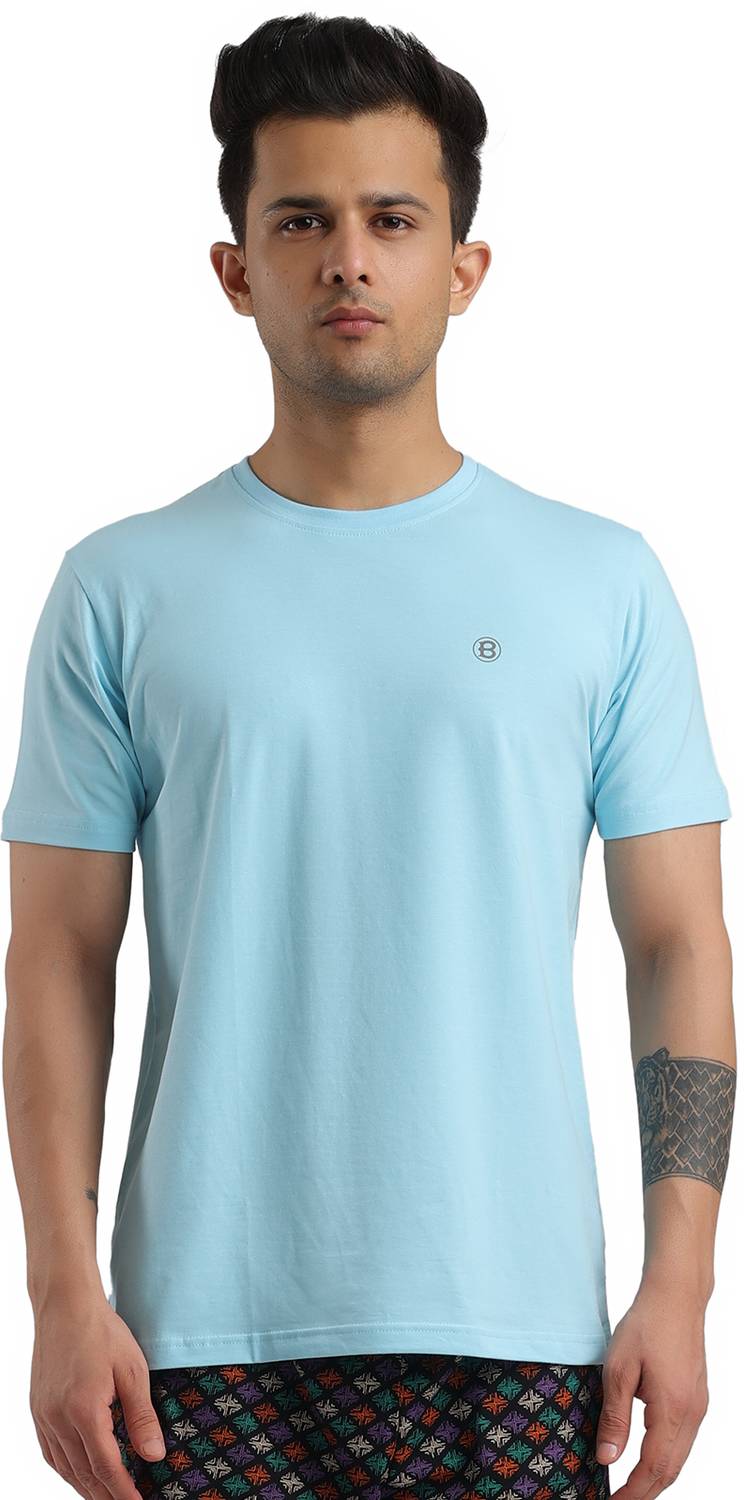 Bumchums Solid Men Round Neck Light Blue T-Shirt
