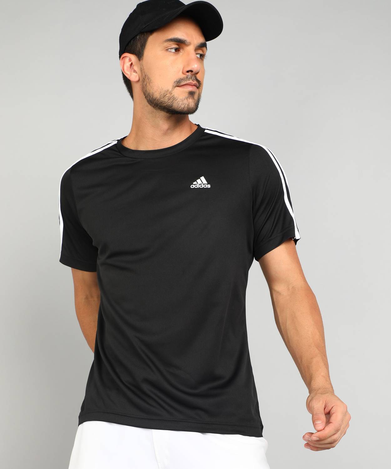 ADIDAS Striped Men Round Neck Black T-Shirt