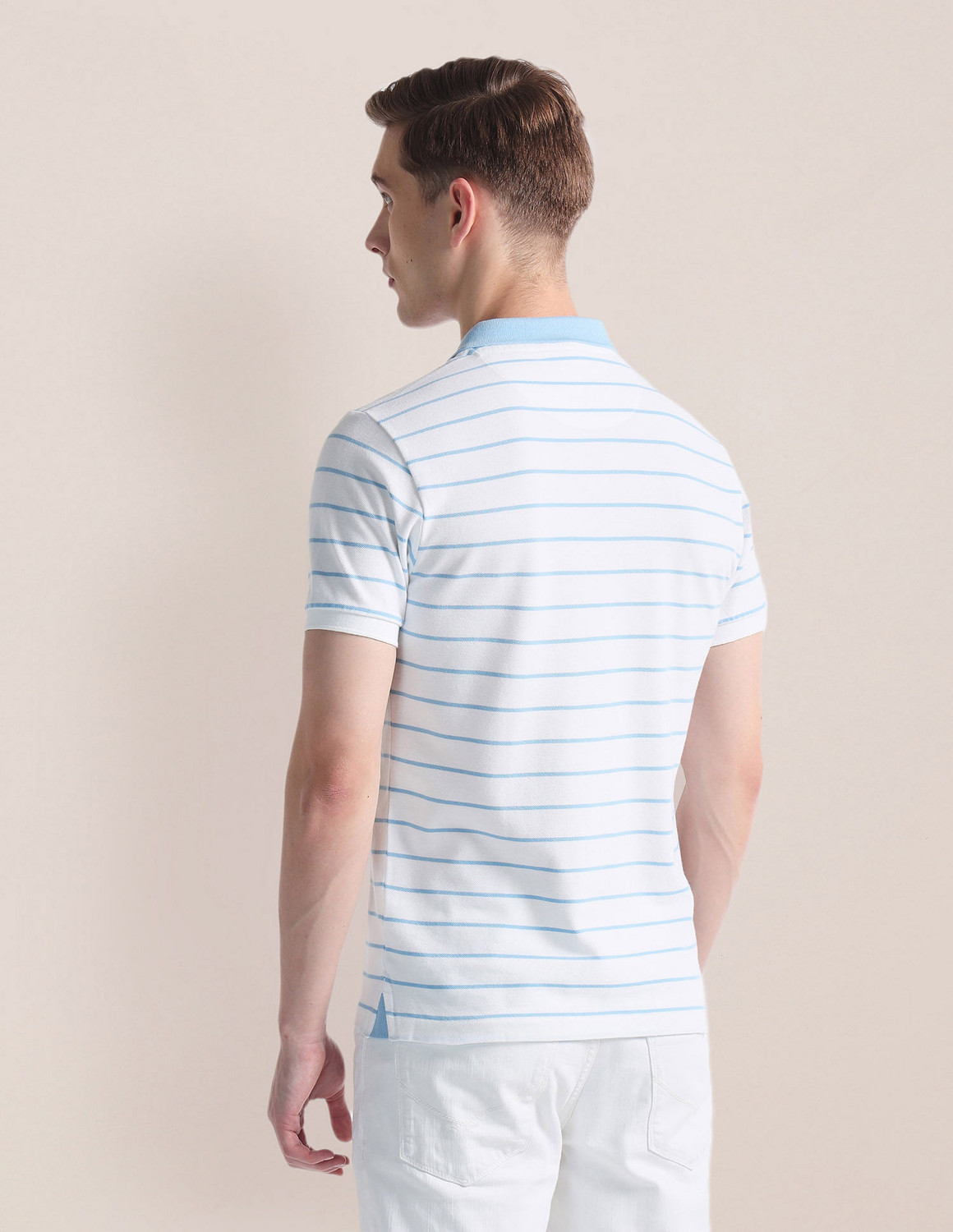 Image of U.S. POLO ASSN. Striped Men Polo Neck White T-Shirt