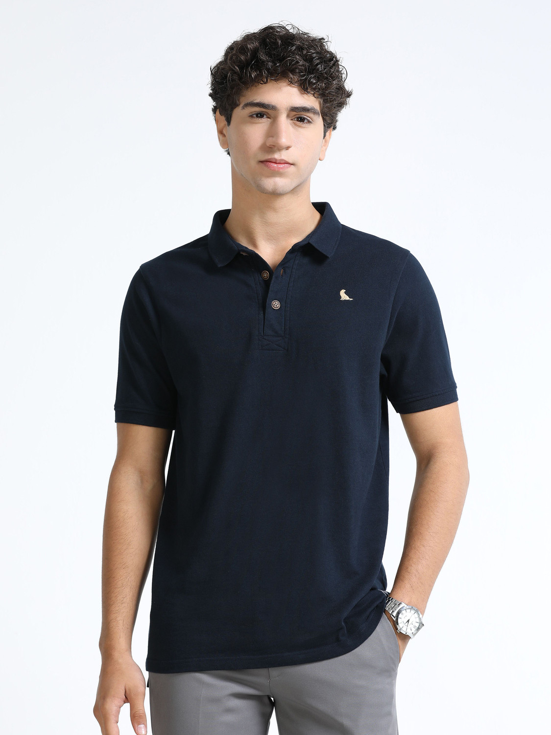 Image of estuna Solid Men Polo Neck Navy Blue T-Shirt
