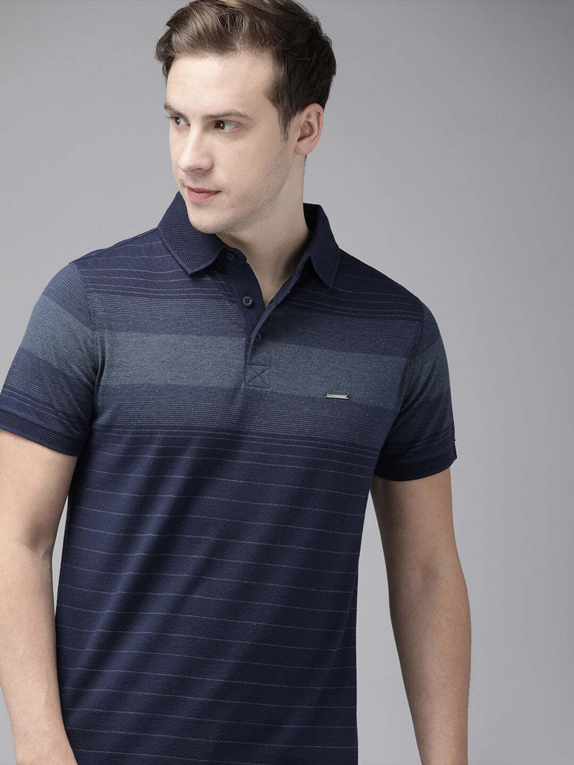 Image of THE BEAR HOUSE Striped Men Polo Neck Blue T-Shirt