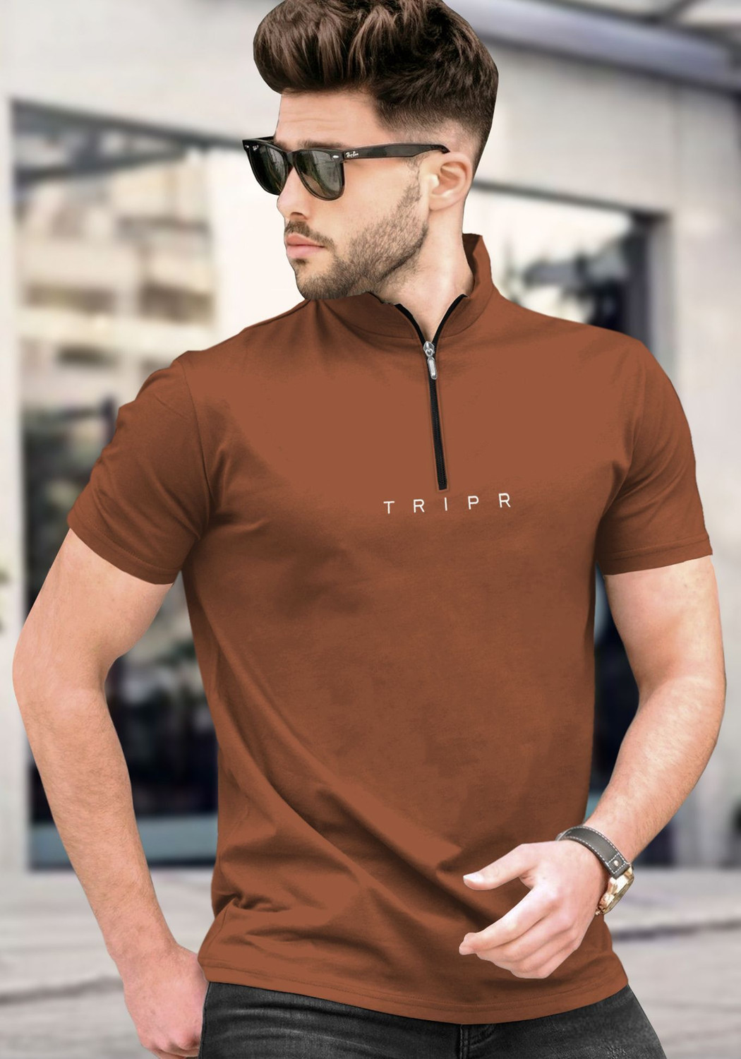 Image of TRIPR Printed Men Mandarin Collar Brown T-Shirt