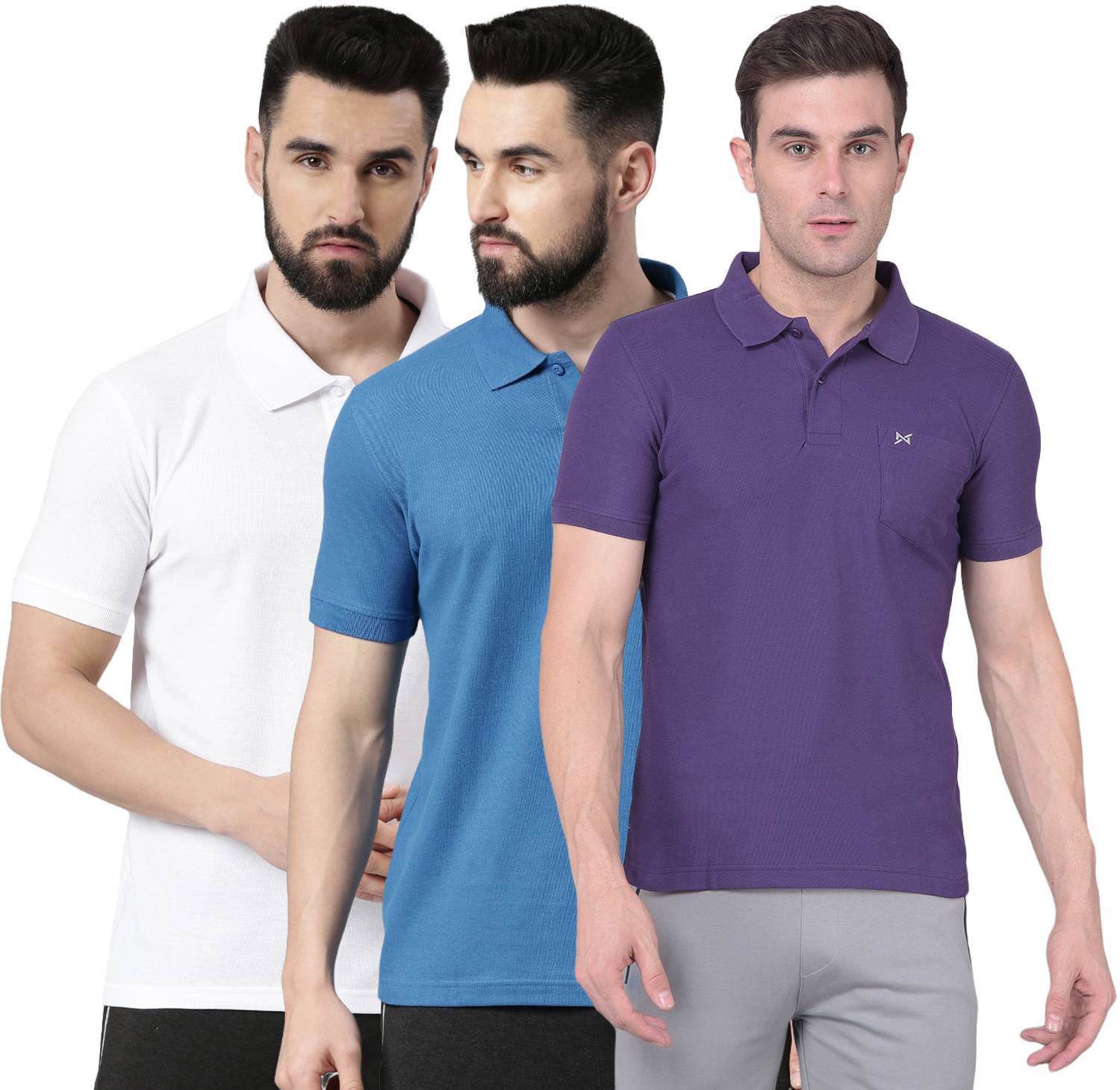 Force NXT Pack of 3 Men Solid Polo Neck Pure Cotton Purple, Dark