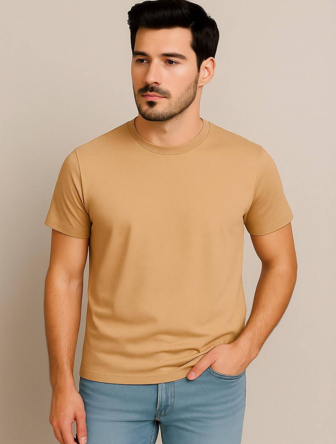 Belive in Yourself Solid Men Round Neck Beige T-Shirt