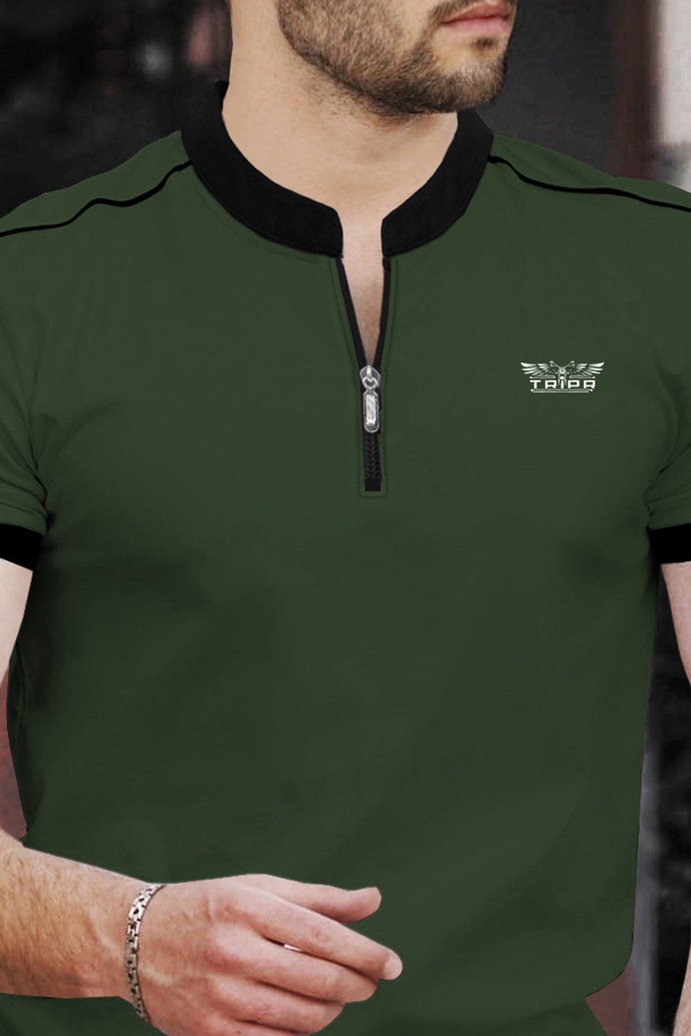 Image of TRIPR Printed Men Mandarin Collar Dark Green, Black T-Shirt