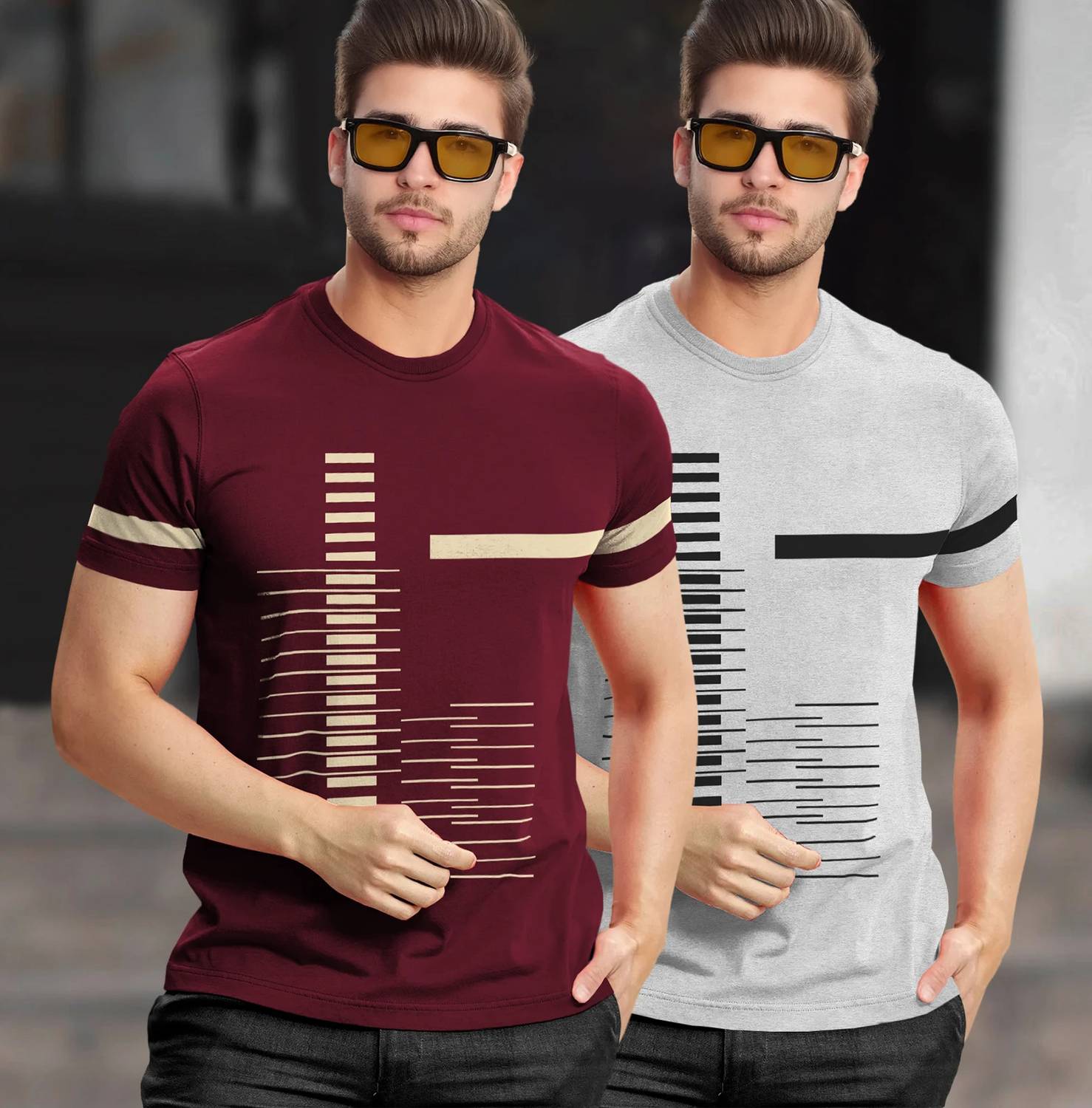 TRIPR Pack of 2 Men Printed Round Neck Cotton Blend Maroon, Grey