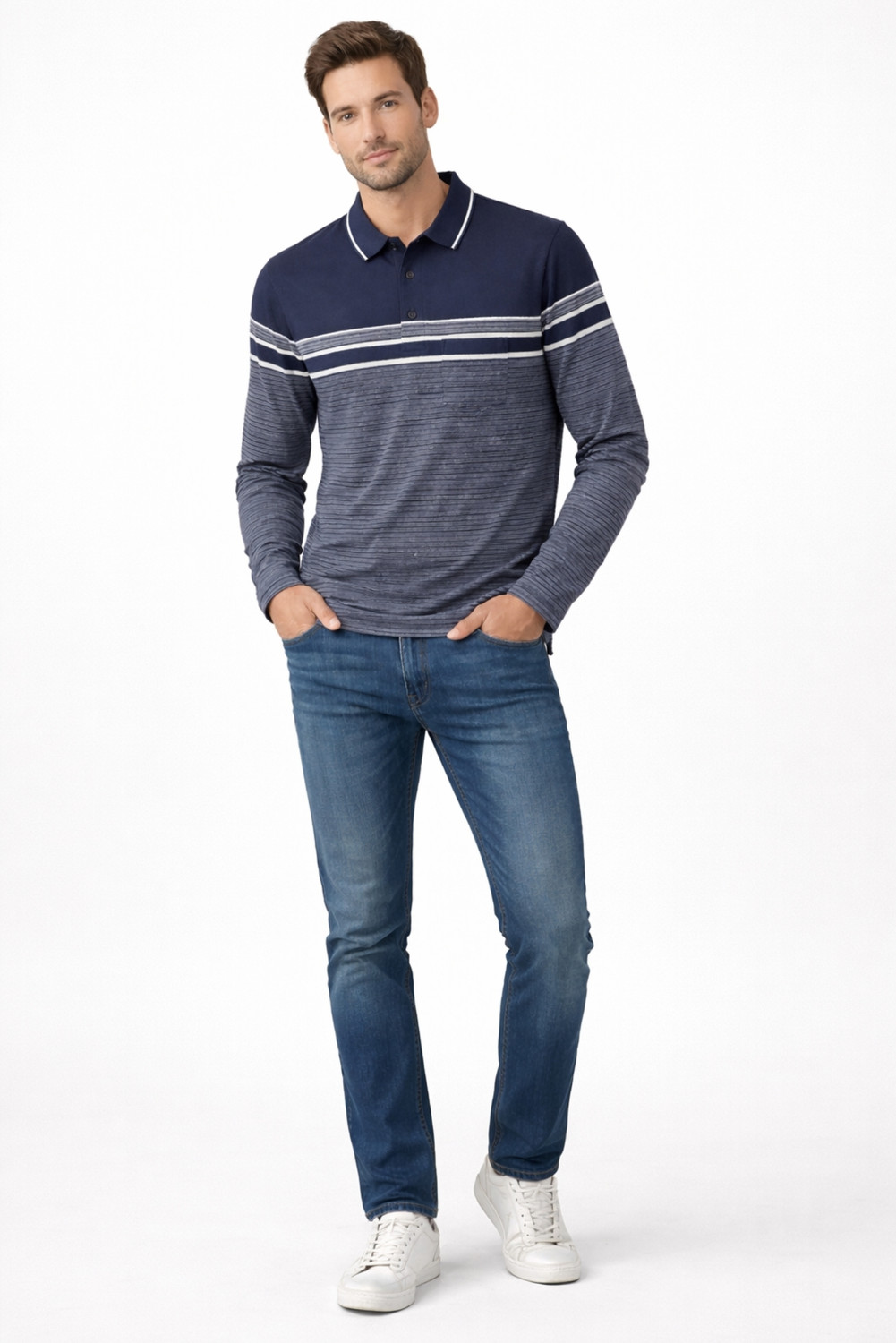 Image of SANE ORIGINALS Striped Men Polo Neck Navy Blue, Light Blue T-Shirt