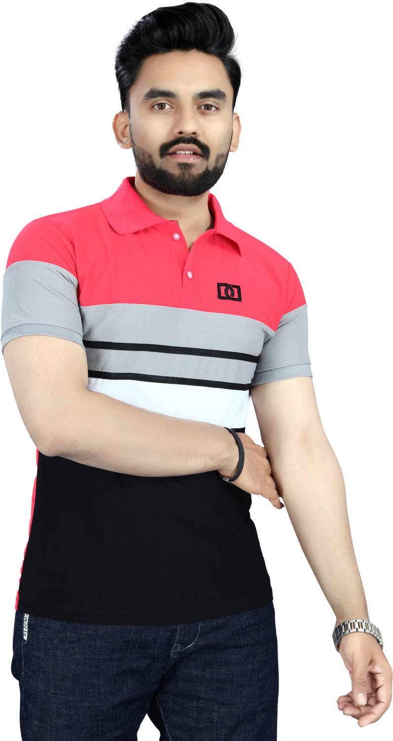 DyrectDeals Men Colorblock Polo Neck Polycotton Pink T-Shirt