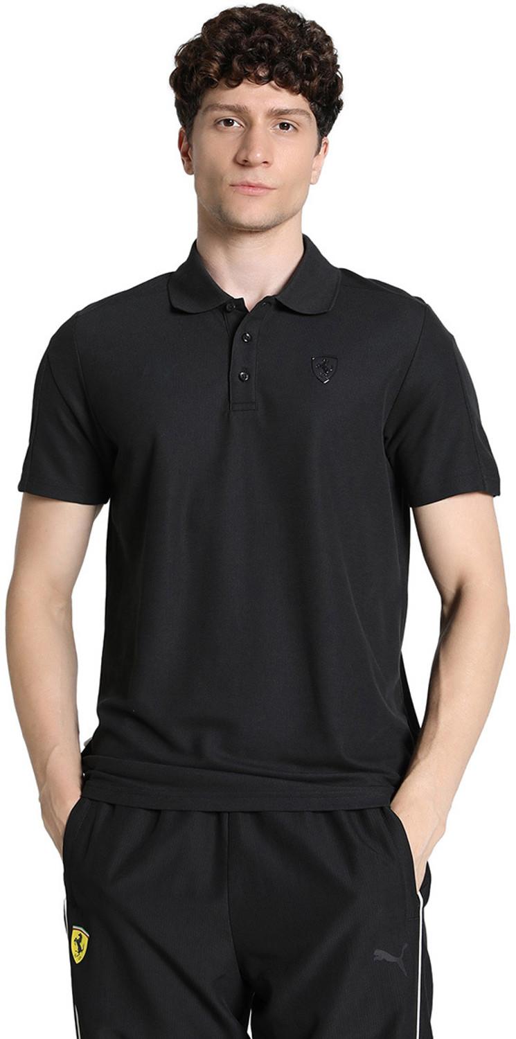 Image of PUMA Men Solid Polo Neck Pure Cotton Black T-Shirt