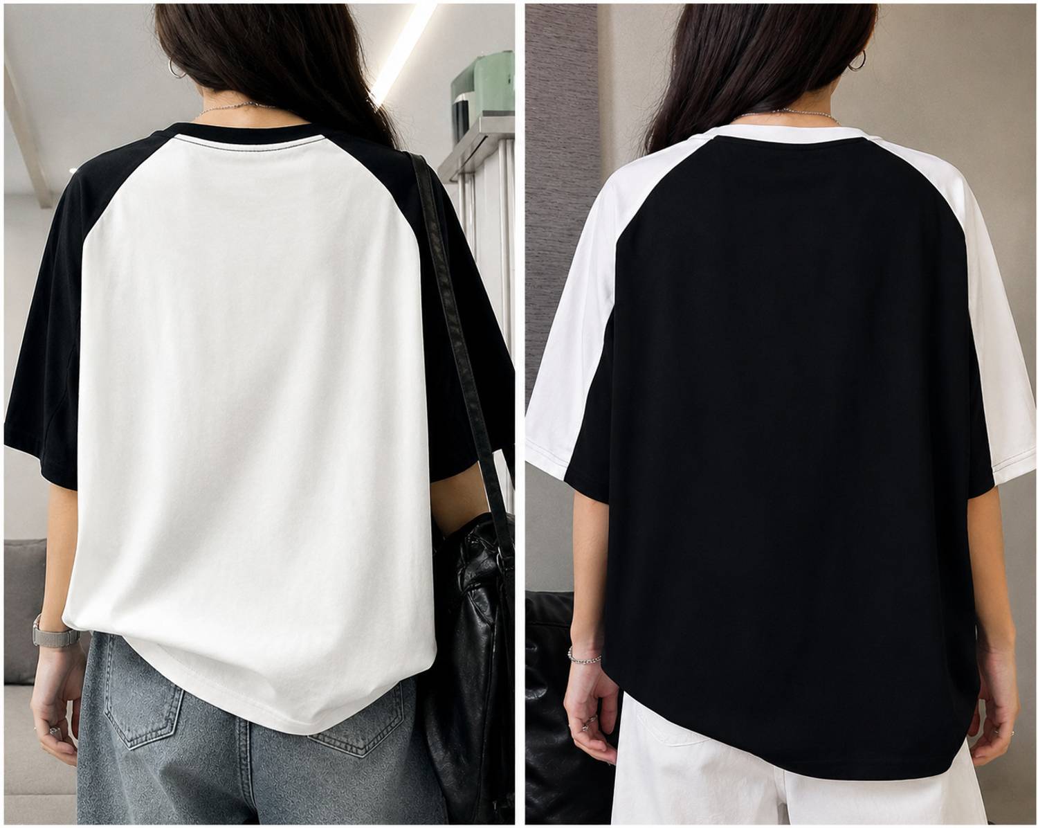 LOOKS Colorblock Women Round Neck Black, White T-Shirt - Image 2